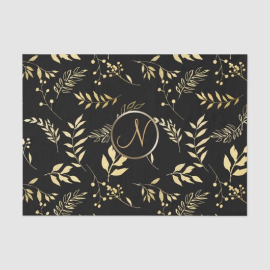 Papier Mousseline Feuilles d'or noir Lettre de monogramme chic initi (Recto)
