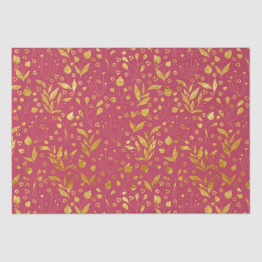 Papier Mousseline Feuilles magenta et or (Recto)