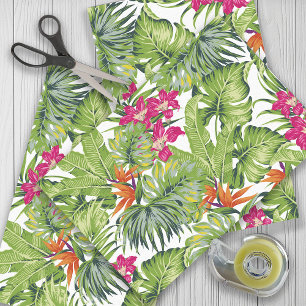 Papier Mousseline Feuilles tropicales vertes Fleurs roses oranges
