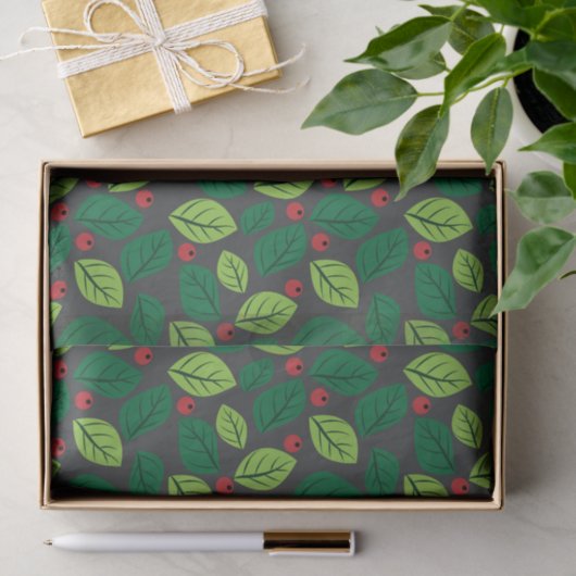 Papier Mousseline Feuilles verts, Berries Rouges, Motif Des Feuilles (Cadeau)