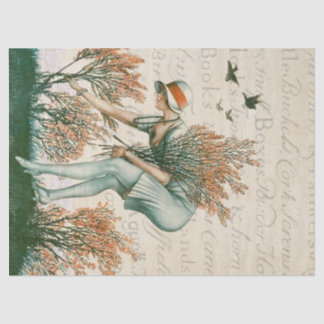 Papier Mousseline Fille à la pomme, ramassant des fleurs.