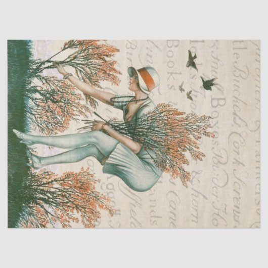 Papier Mousseline Fille à la pomme, ramassant des fleurs. (Recto)