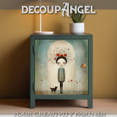 Papier Mousseline Fille avec chat noir et coquelicots rouges - décou