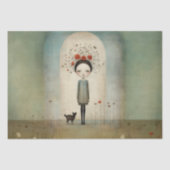 Papier Mousseline Fille avec chat noir et coquelicots rouges - décou (Recto)