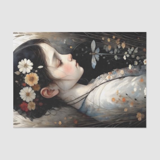 Papier Mousseline Fille avec fleurs et libellule Découpage (Recto)