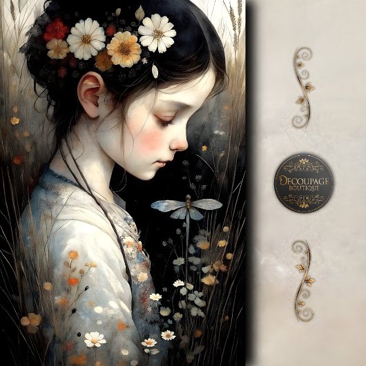 Papier Mousseline Fille avec fleurs et libellule Découpage