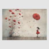 Papier Mousseline Fille avec pavots et parapluie rouge - découpage - (Recto)