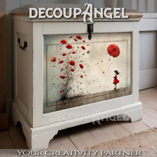 Papier Mousseline Fille avec pavots et parapluie rouge - découpage -