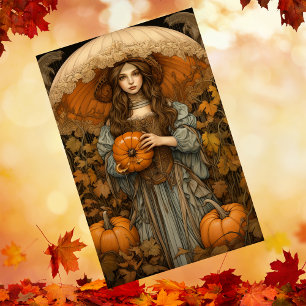 Papier Mousseline Fille d'automne avec Citrouille parapluie Découpag