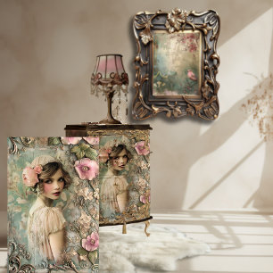 Papier Mousseline Fille Flapper Portrait Art Nouveau Vintage