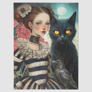 Papier Mousseline Fille gothique au chat noir éclairé par la lune et