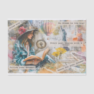 Papier Mousseline Fille Lecture Avec Citations De Rêve Collage Décou
