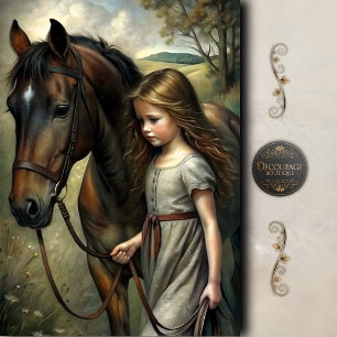 Papier Mousseline Fille marchant scène de cheval de campagne découpa