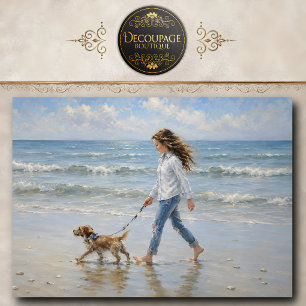 Papier Mousseline Fille marchant son chien découpage de plage