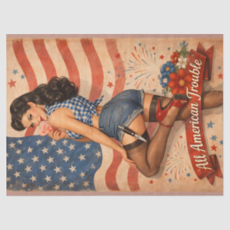 Papier Mousseline Fille Pin-Up Tout Américaine Patriotique Rétro