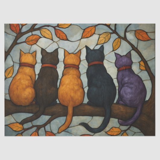 Papier Mousseline Five Cats on a Tree Branch Stained Glass Style (Recto)