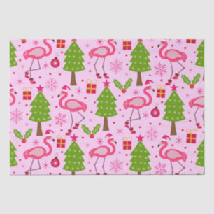 Papier Mousseline Flamant de Noël Tropical Avec Pin sur Fond Rose