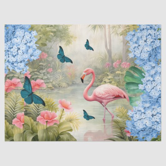 Papier Mousseline Flamant rose et papillons d'aquarelle tropicale (Recto)