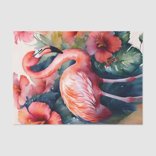 Papier Mousseline Flamant rose Hibiscus Aquarelle Art tropical (Recto)