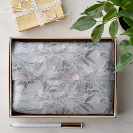 Papier Mousseline Flamant rose Orchidée Tropical Motif Grey ID868 (Cadeau)