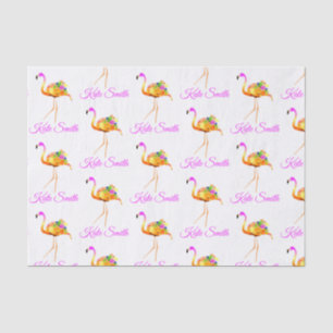 Papier Mousseline Flamant rose rose et or   fleurs d'aquarelle 