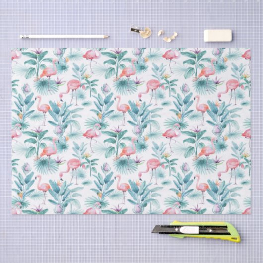 Papier Mousseline Flamants roses tropicaux feuille motif (Artisanat)