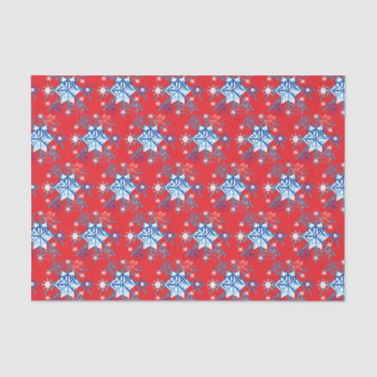 Papier Mousseline Flammes de neige et étoiles rouges et bleues (Recto)