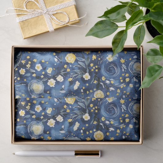 Papier Mousseline Fleur Bleu Jaune (Cadeau)