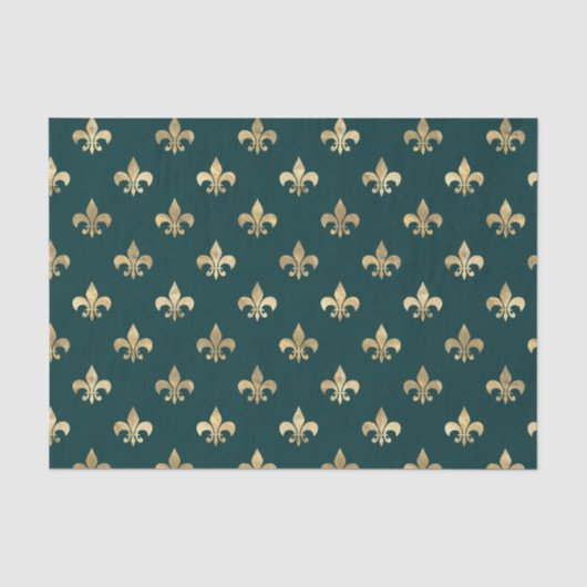 Papier Mousseline Fleur-de-lis sarcelle et or (Recto)