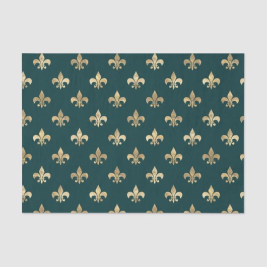 Papier Mousseline Fleur de lis turquoise et or (Recto)
