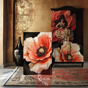 Papier Mousseline Fleur de pavot Macro rapproché rouge corail & noir