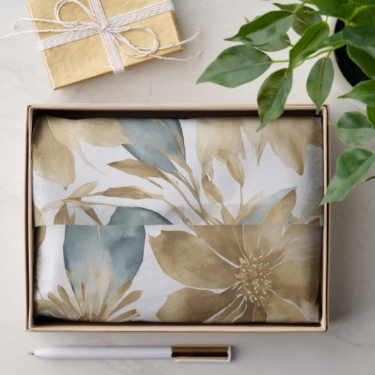 Papier Mousseline Fleur Turquoise Boho White Gold (Cadeau)