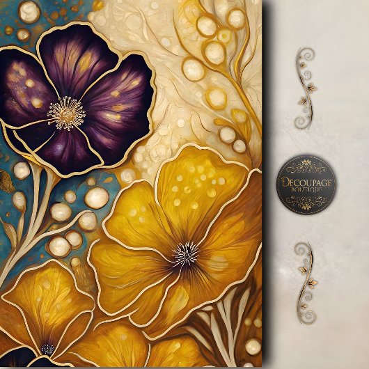 Papier Mousseline Fleur violette dorée Decoupage