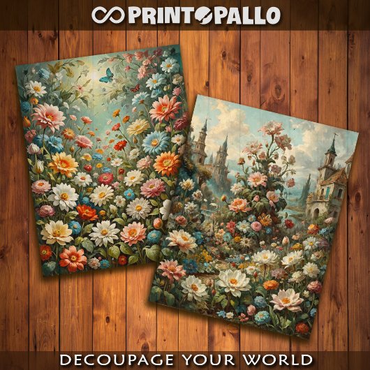 Papier Mousseline Fleurs à profusion avec un château