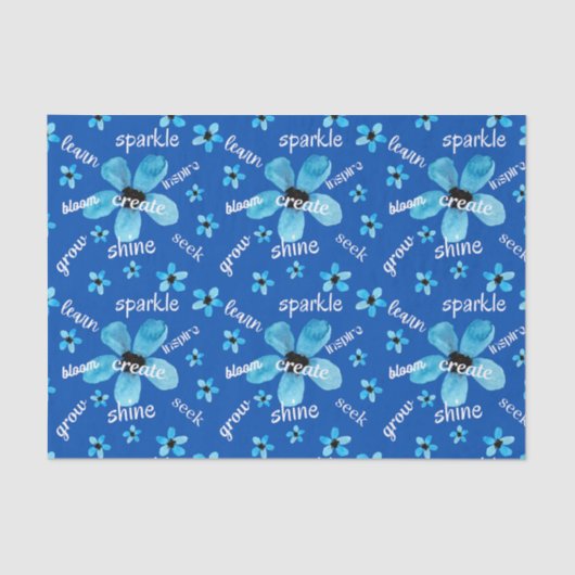 Papier Mousseline Fleurs aquarelle bleue avec affirmations (Recto)