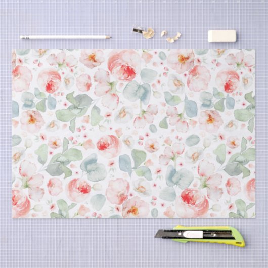 Papier Mousseline Fleurs aquarelles rose pâle botanique (Artisanat)
