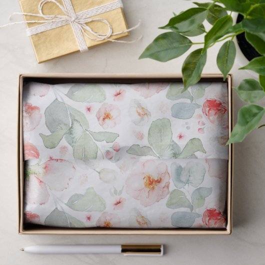 Papier Mousseline Fleurs aquarelles rose pâle botanique  (Cadeau)