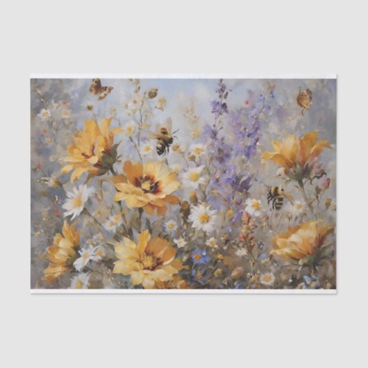 Papier Mousseline Fleurs avec abeilles et papillons Découpage (Recto)