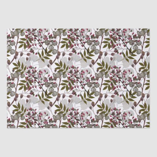 Papier Mousseline Fleurs blanches à la pièce Berries rouges Feuilles (Recto)
