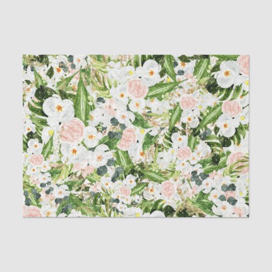 Papier Mousseline Fleurs blanches avec feuilles vertes 3 (Recto)