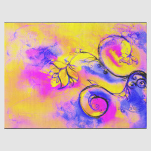 Papier Mousseline FLEURS BLANCHES Bleu Jaune Rose