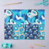 PAPIER MOUSSELINE FLEURS BLANCHES HAWAII BLEU BOLD FLORAL PATCHWORK (Artisanat)