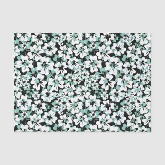 Papier Mousseline Fleurs blanches, turquoise sur le noir. (Recto)