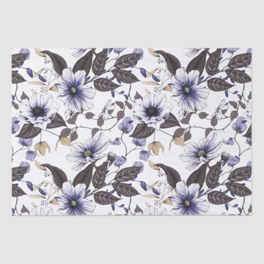 Papier Mousseline Fleurs bleu clair avec feuilles verts sans soudure (Recto)