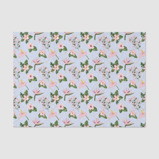 Papier Mousseline Fleurs bleu clair et roses (Recto)