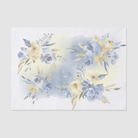 Papier Mousseline fleurs bleu jaune aquarelle bouquets (Recto)