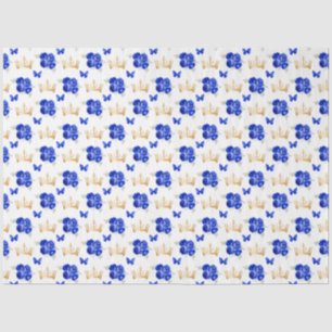 Papier Mousseline Fleurs Bleu Royal et Couronnes d'Or
