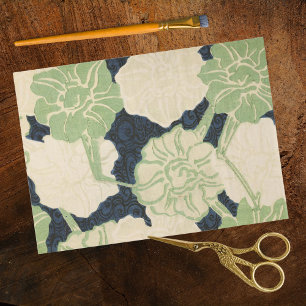 Papier Mousseline Fleurs Bleu Vert dans une Estampe sur Bois Ukiyo-e