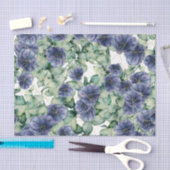 Papier Mousseline Fleurs bleues avec feuilles verts et or (Artisanat)