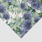 Papier Mousseline Fleurs bleues avec feuilles verts et or (Détail)